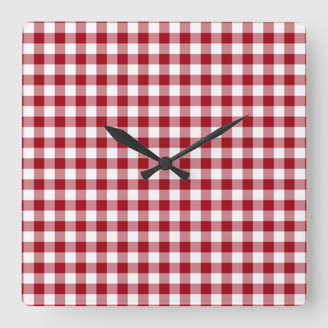 Relógio Quadrado Padrão Xadrez Vermelho Moderno (Frente)