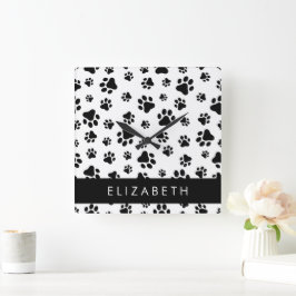 Relógio Quadrado Padrões de pata, patas de cão, preto e branco, seu