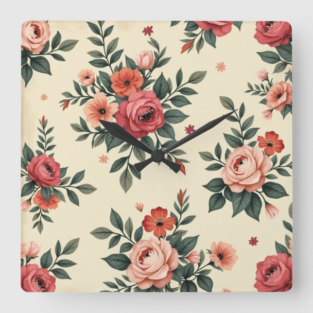 Relógio Quadrado Padrões florais vítreos com elegância clássica (Frente)