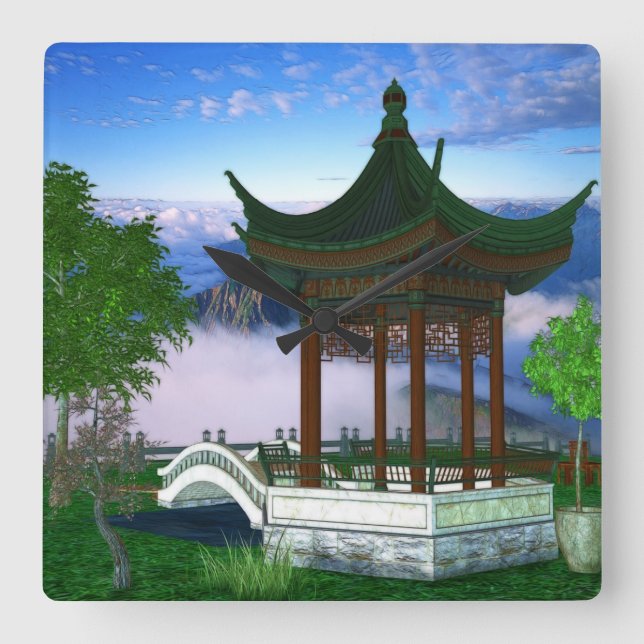 Relógio Quadrado Pagoda Nature Landscape Fantasy Art (Frente)