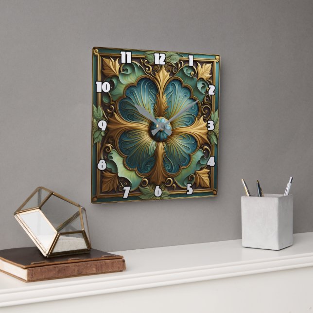 Relógio Quadrado Painel Floral Decorativo com Turquesa e Dourado (Escritório)