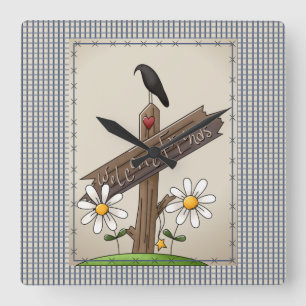 Relógio Quadrado País Azul Gingham Amigos de Boas-vindas