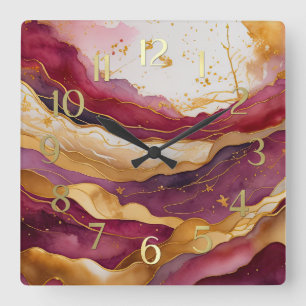 Relógio Quadrado Paisagem Abstrato de Aquarela Dourada