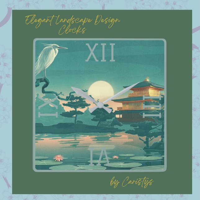 Relógio Quadrado Paisagem Cena Pagoda Crane Palavra de Parede (Criador carregado)