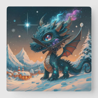 Relógio Quadrado Paisagem de inverno de Chibi Dragon Mystical