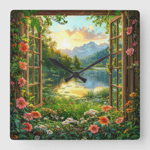 Relógio Quadrado Paisagem de janela falsa Decoração de Casa Cabana 
