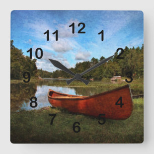 Relógio Quadrado Paisagem de madeira vermelha da canoa