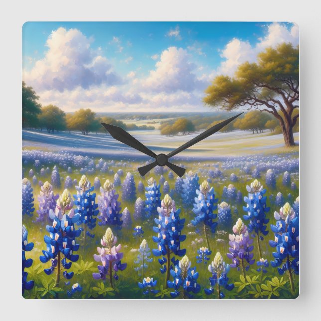 Relógio Quadrado Paisagem de Prado de Bluebonnet do Texas (Frente)