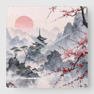 Relógio Quadrado Paisagem Montanhosa de Flor de Cerejeira Japonesa