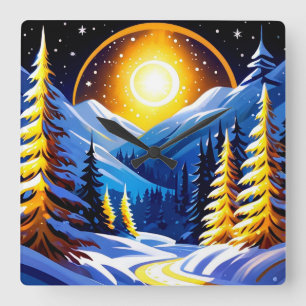 Relógio Quadrado Paisagem Noturna de Inverno Com Montanhas Nevadas