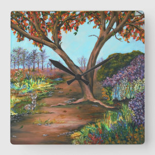 Relógio Quadrado Paisagem Pintada de Árvores e Blossomas Acrílica