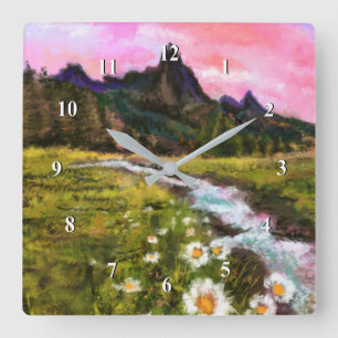 Relógio Quadrado Paisagem primavera - Flor - Pintura Original
