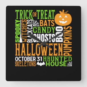 Relógio Quadrado Palavra de Halloween Salva-Pumpkin