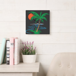 Relógio Quadrado Palm Tree by the River | Tropical Sunset Art
