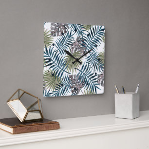 Relógio Quadrado Palma Verde Tropical Mauk Deixa Aquarela Arte