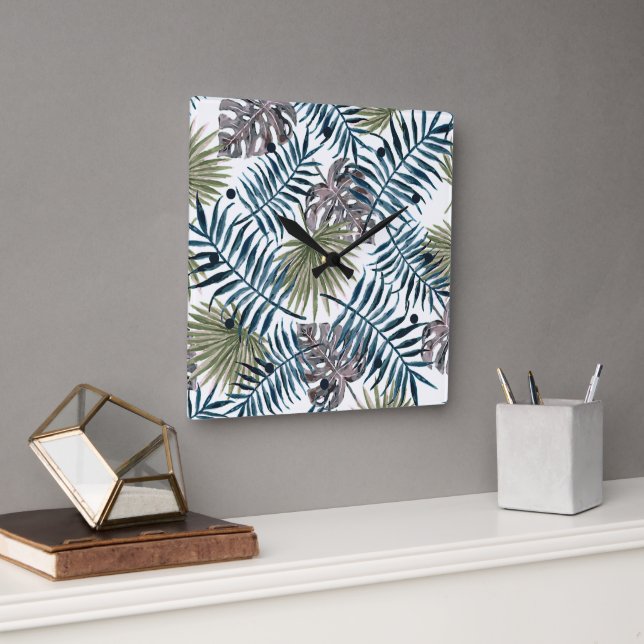 Relógio Quadrado Palma Verde Tropical Mauk Deixa Aquarela Arte (Escritório)
