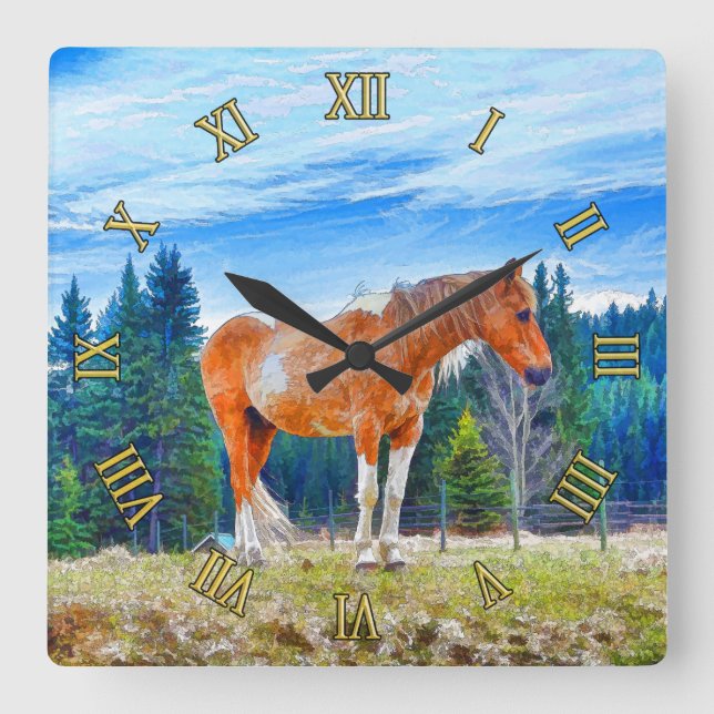 Relógio Quadrado Palomino Pinto em Cena de Campo e Floresta (Frente)