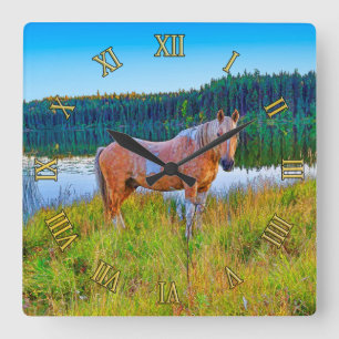Relógio Quadrado Palomino Pinto por Lago e Cena Florestal