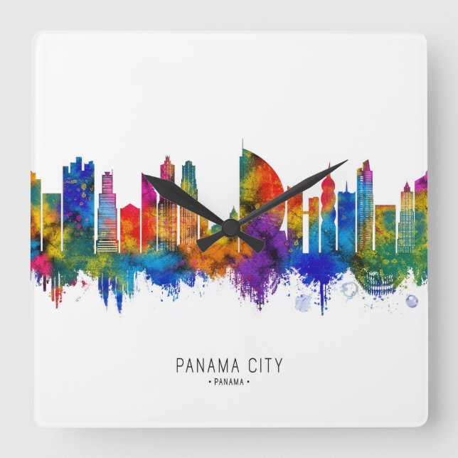 Relógio Quadrado Panamá City Panamá Skyline (Frente)
