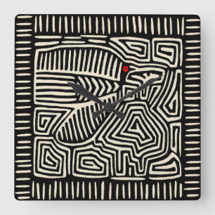 Relógio Quadrado Panamá Kuna Indian Mola Pajaro - Branco preto