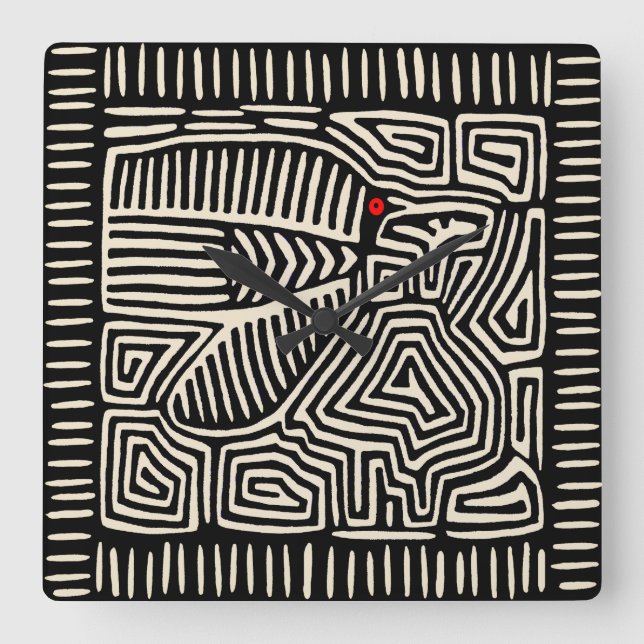 Relógio Quadrado Panamá Kuna Indian Mola Pajaro - Branco preto (Frente)