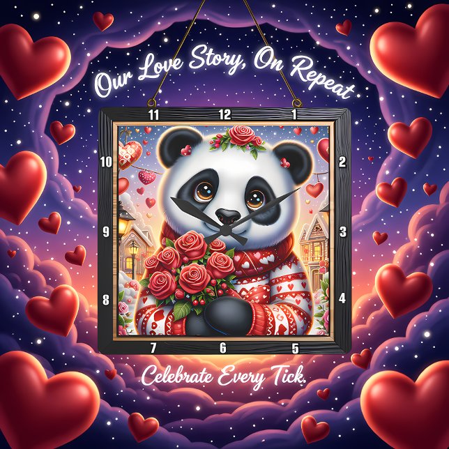Relógio Quadrado Panda Aconchegante Rosa de Inverno (Criador carregado)