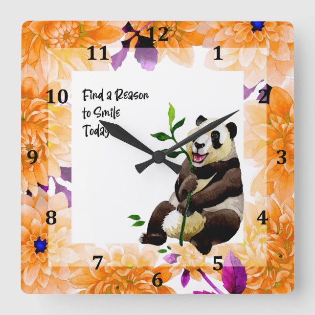Relógio Quadrado Panda com Quadro de Flor Laranja (Frente)