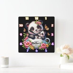 Relógio Quadrado Panda Mãe: Cubo, Flores, Dia de as mães