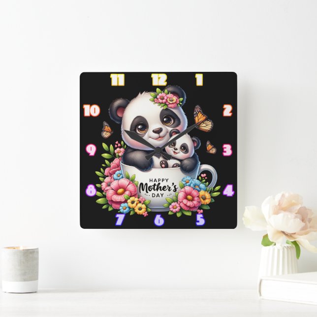 Relógio Quadrado Panda Mãe: Cubo, Flores, Dia de as mães (Lar)
