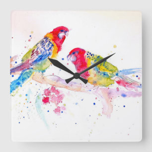 Relógio Quadrado Papagaio Rosella Vermelho Papagaios Pássaros Aquar