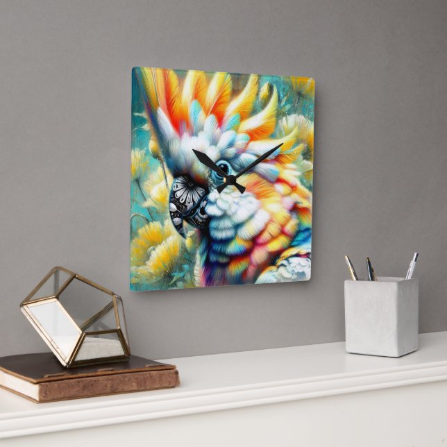 Relógio Quadrado Papagaios Amarelos de Aves Cockatoas Floral (Escritório)