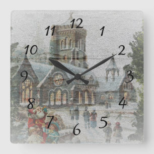 Relógio Quadrado Papai Noel antigo com crianças em frente a uma igr