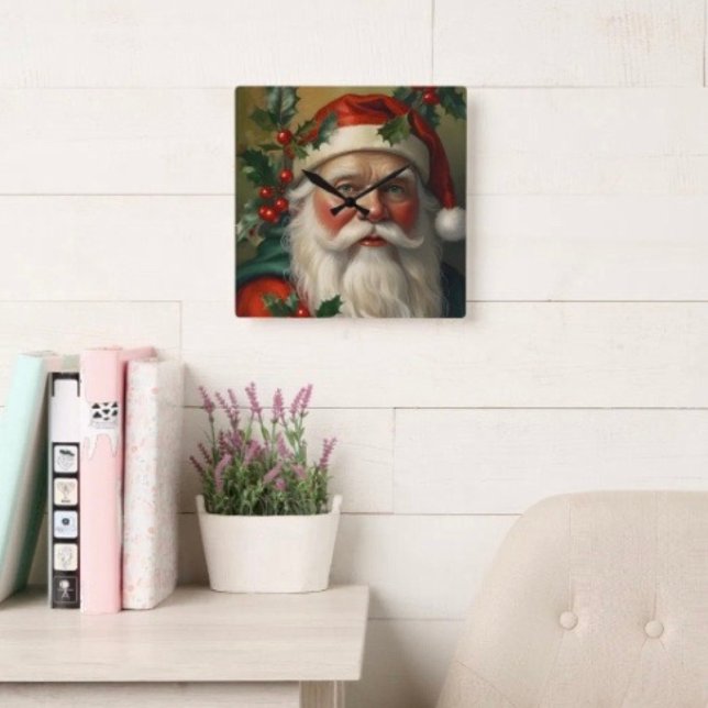 Relógio Quadrado Papai Noel Com Visco (Wall Clock backside hanging slot  non-ticking design. 2 sizes: 8" diameter or 10.75" diameter.
)