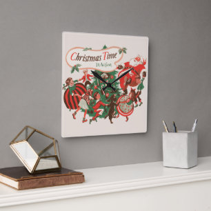 Relógio Quadrado Papai Noel de Natal Vintage e Crianças Dançando