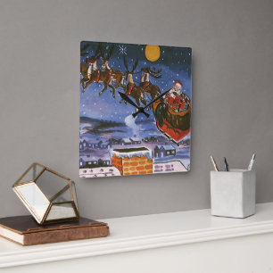 Relógio Quadrado Papai Noel de Natal Vintage Voando seu Trenó