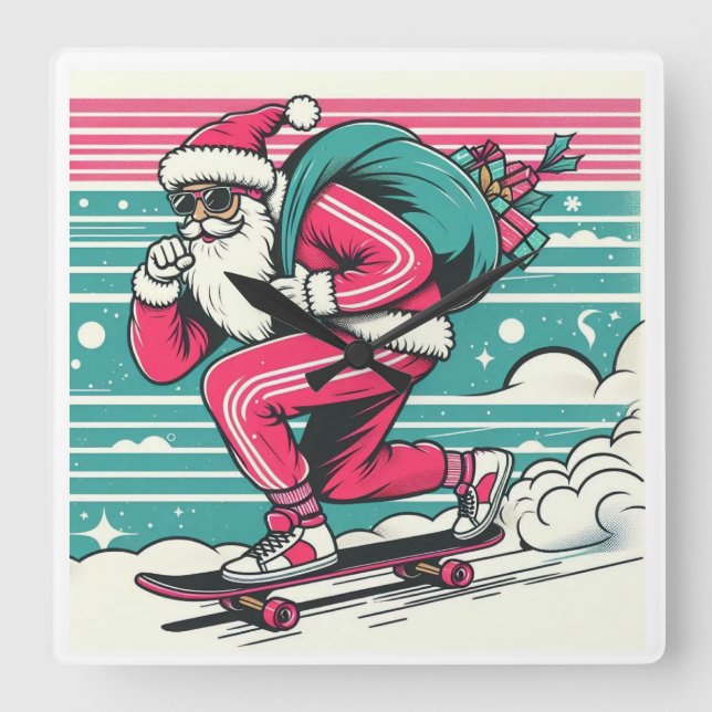 Relógio Quadrado Papai Noel de skate (Frente)