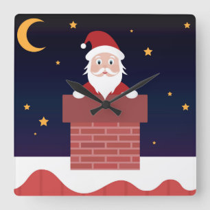 Relógio Quadrado Papai Noel descendo a chaminé na noite de Natal