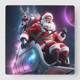 Relógio Quadrado Papai Noel no Espaço Uma Odisseia Futurista de N