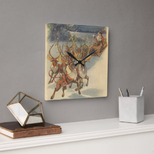 Relógio Quadrado Papai Noel Vintage de Natal com Trenó e Rena