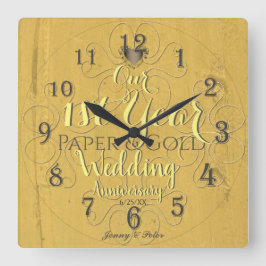 Relógio Quadrado Papel de Aniversário de Casamento de 1rua&Dourado