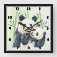 Par de Panda Bonito em Bambu Aquarela Grande Relóg