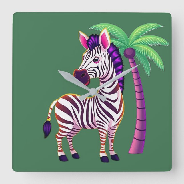 Relógio Quadrado Paraíso da Zebra Neon (Frente)