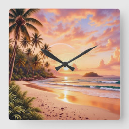 Relógio Quadrado Paraíso Tropical da Ilha & Arco-íris Vibrante do P