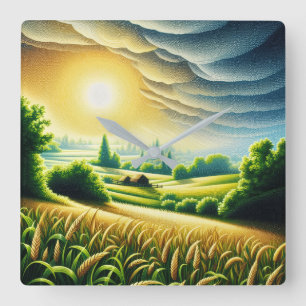 Relógio Quadrado Parede de Arte do Campo Dourado Ensolarado 