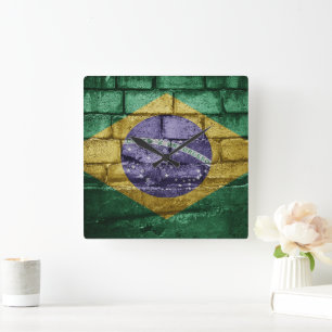 Relógio Quadrado Parede de bandeira do Brasil