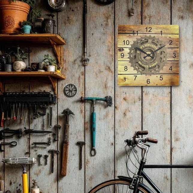 Relógio Quadrado Parede de Modelo quadrada da arte de bicicleta rus (rusty gear on wood wall clock template)