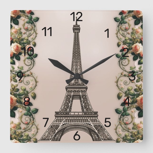 Relógio Quadrado Paris Rosa Rosa Vinhas Torre Eiffel Shabby Chic (Frente)