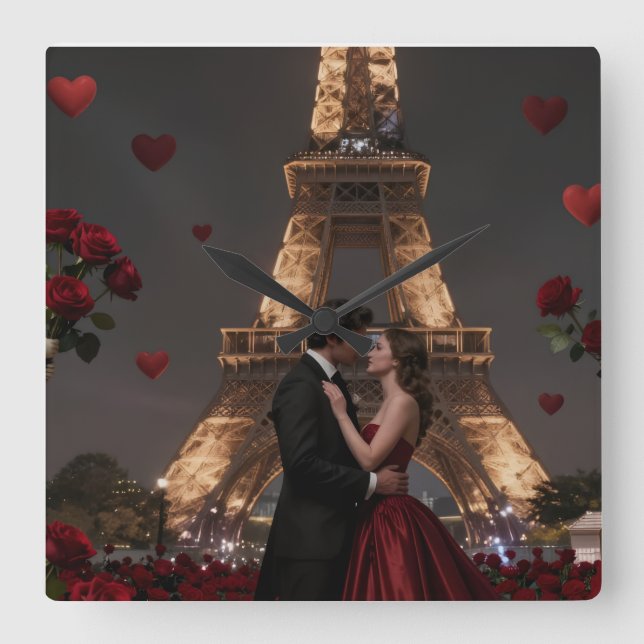 Relógio Quadrado Parisian Valentines Day (Frente)