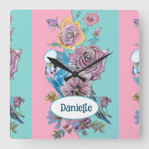 Relógio Quadrado Pássaro Azul Budgie Rosa Floral Rosa Água Meninas