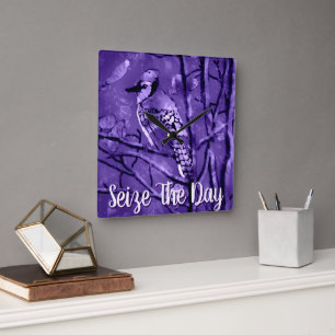 Relógio Quadrado Pássaro Azul Gaio Arte Abstrato Roxo Personalizado